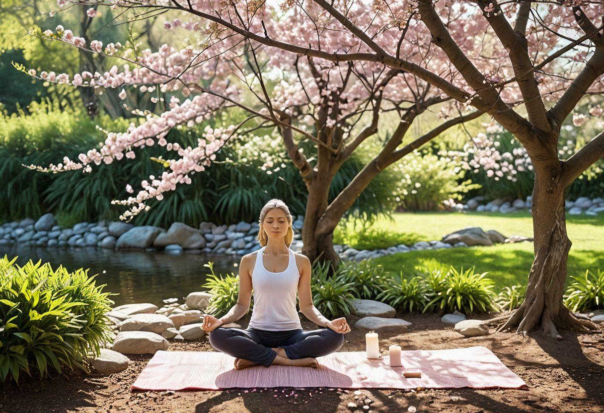 A serene scene depicting a tranquil garden with a person meditating under a blooming cherry blossom tree. Surround them with soft sunlight filtering through the leaves, gentle streams of water, and floating candles to symbolize peace. Incorporate elements of self-care like a yoga mat and essential oils nearby. Emphasize a soft, calming color palette to evoke feelings of emotional wellbeing. super-realistic. pastel colors. natural light.