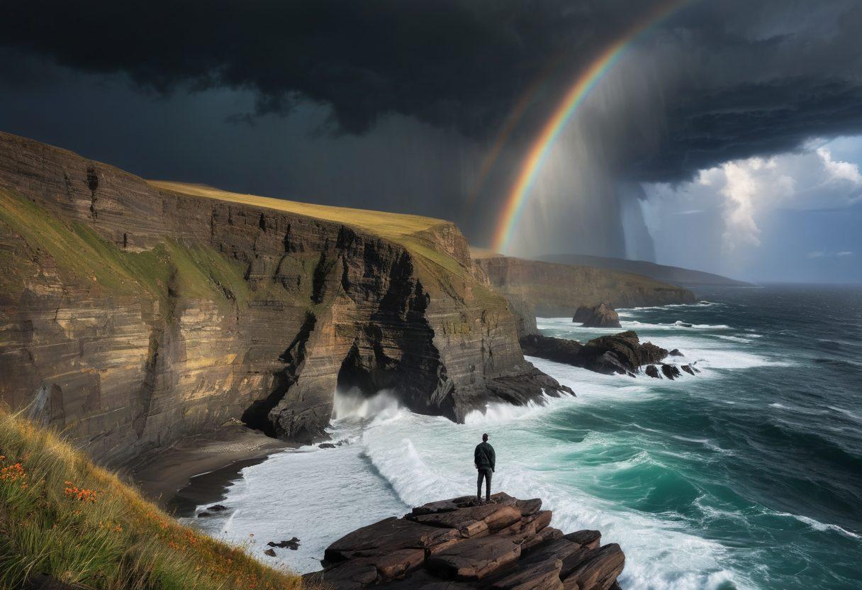 A person standing strong on a rocky cliff amidst a turbulent storm, with dark clouds swirling above and flashes of lightning illuminating their determined expression. In the background, a faint rainbow breaks through the storm, symbolizing hope and resilience. Elements of nature like crashing waves and gusty winds emphasize the struggle. The scene is both dramatic and inspirational, evoking a sense of inner strength. super-realistic. vibrant colors. moody atmosphere.