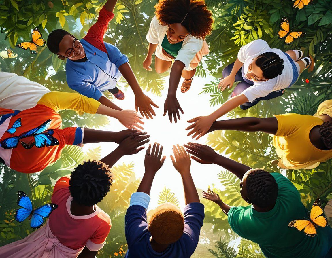 A diverse group of people holding hands in a circle, symbolizing unity and support, surrounded by lush greenery representing growth and resilience. Incorporate uplifting elements like a bright sun shining down and colorful butterflies fluttering around, illustrating hope and togetherness. Emphasize warm, inviting colors to evoke feelings of community and connection. super-realistic. vibrant colors. 3D.